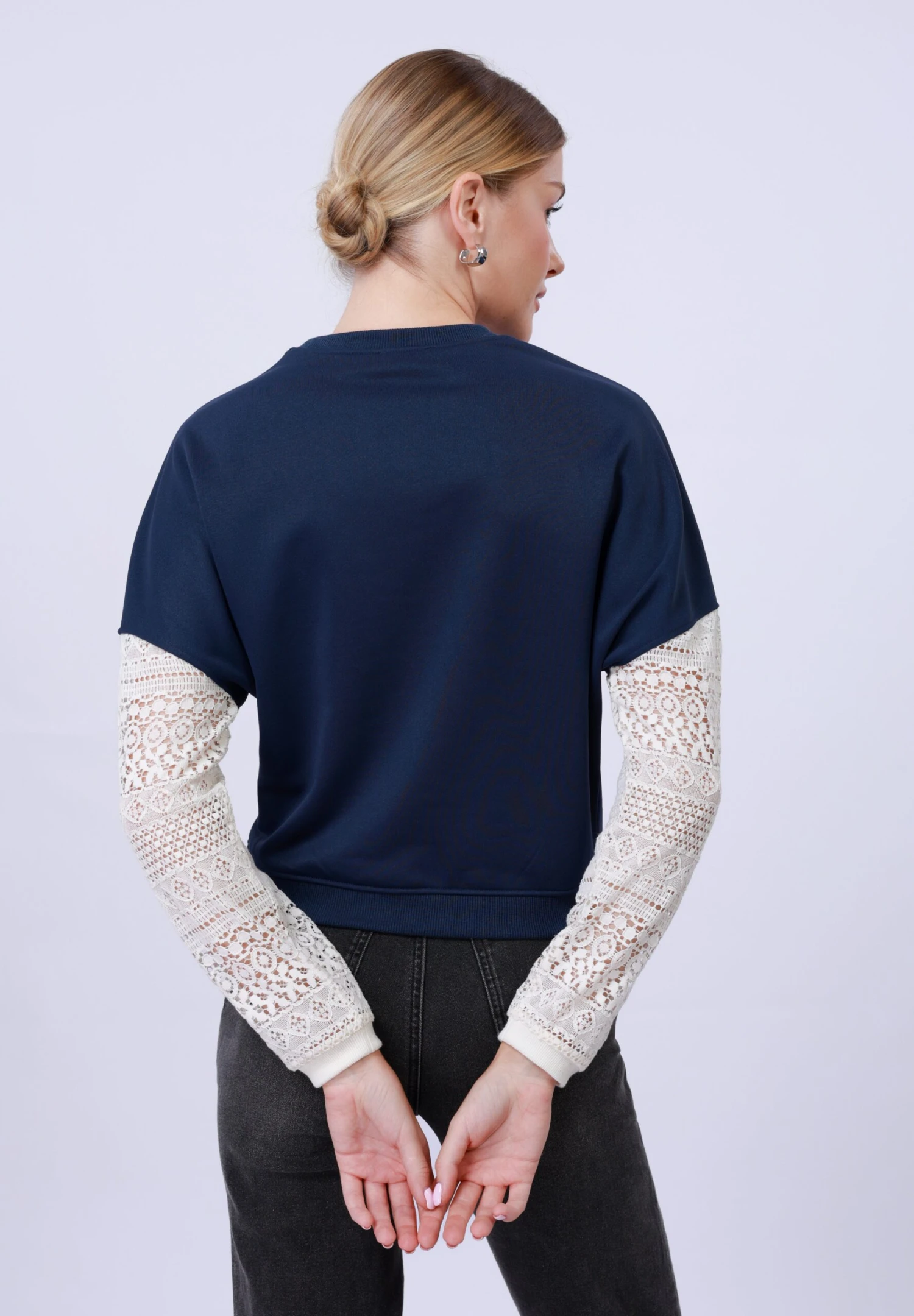 Anna Field LACE SLEEVE - Sweatshirt - Navy 3 Anna Field LACE SLEEVE - Sweatshirt - Navy - Image 3