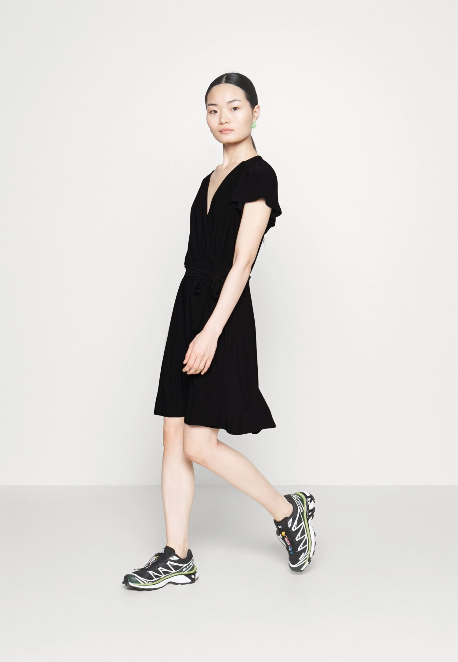 Frilled Cap Sleeves Flared Dress - Jersey Dress - Black 2 Frilled Cap Sleeves Flared Dress - Jersey Dress - Black - Image 2